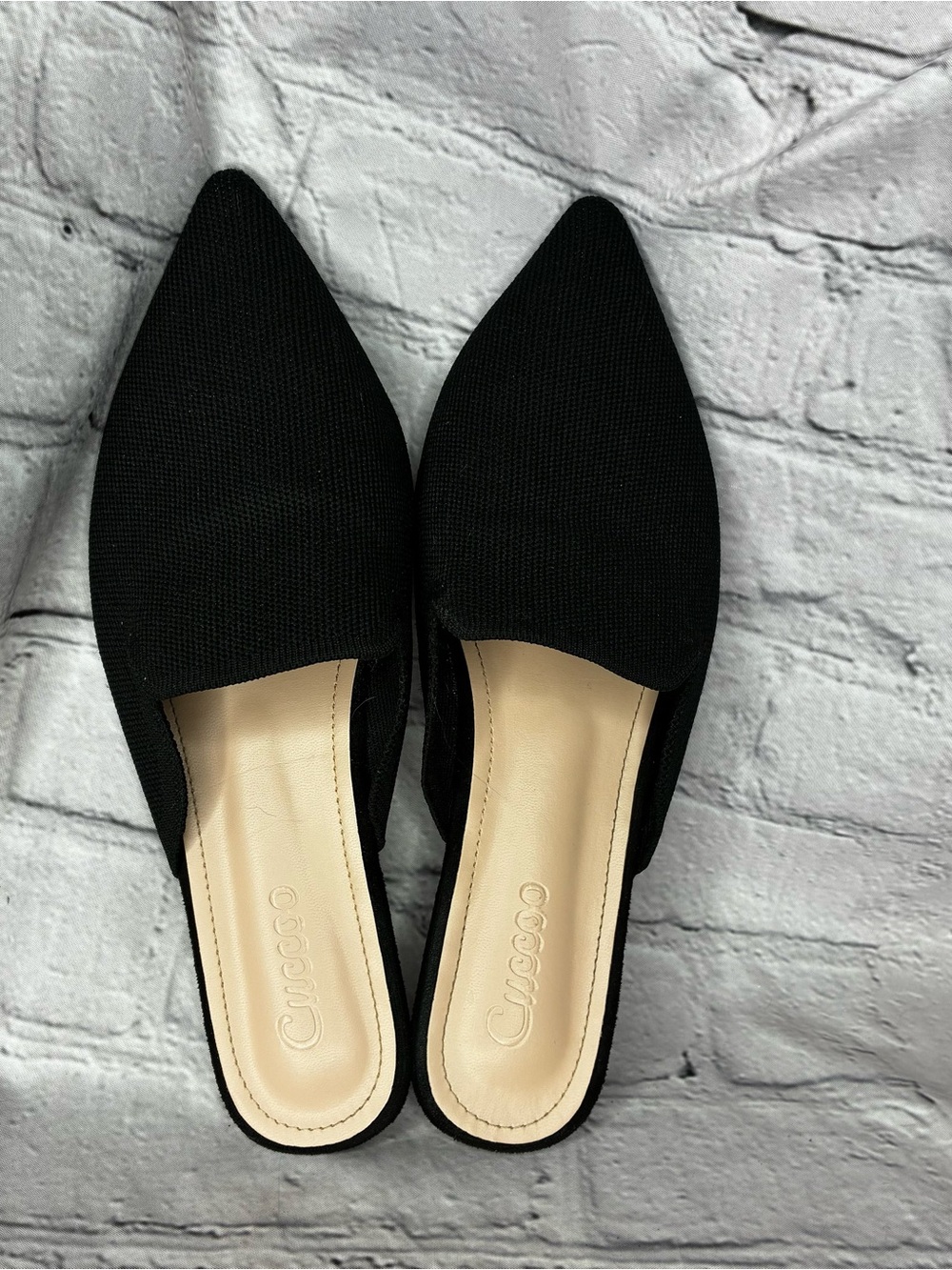Minimalist Monochromatic Corporate Goth Black Knit Pointed Toe Slip On Mules 8 - Picture 6 of 8